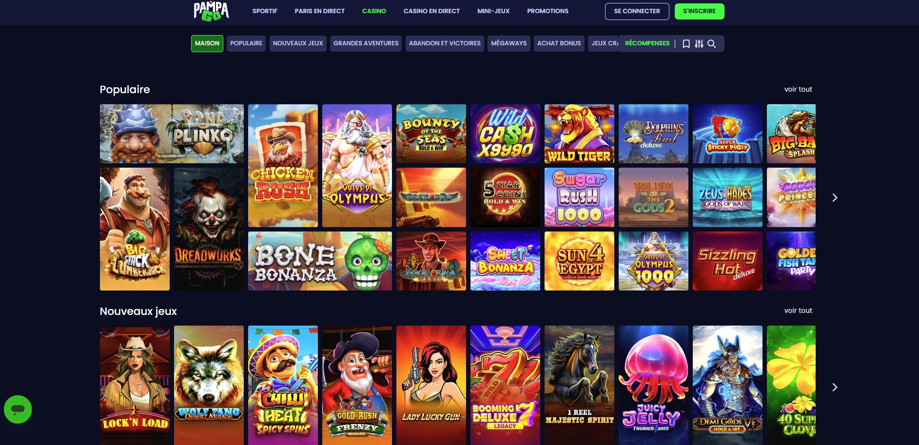 Sélection de jeux sur Pampago casino